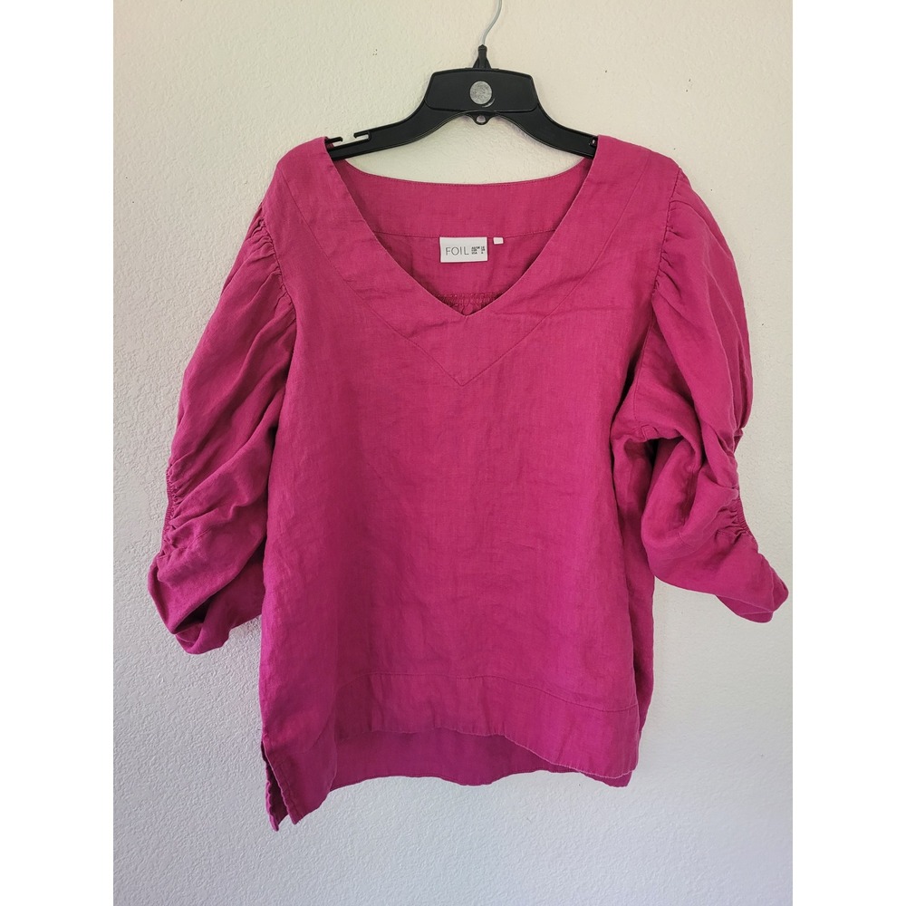FOIL Magenta Pink 100% Linen V-Neck Puff Ruched Sleeve Blouse Top 6 #3